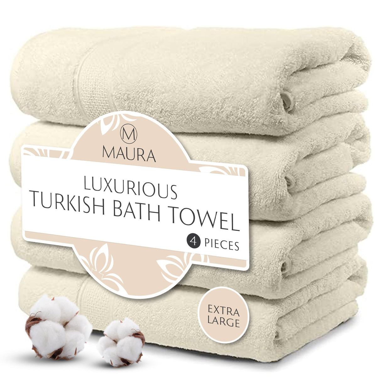 MAURA HOME 4 Piece Bath Towel Set. Extra Large Premium Turkish Towels. Thick, Soft, Plush and Highly Absorbent Luxury Hotel & Spa Quality Towels Cream