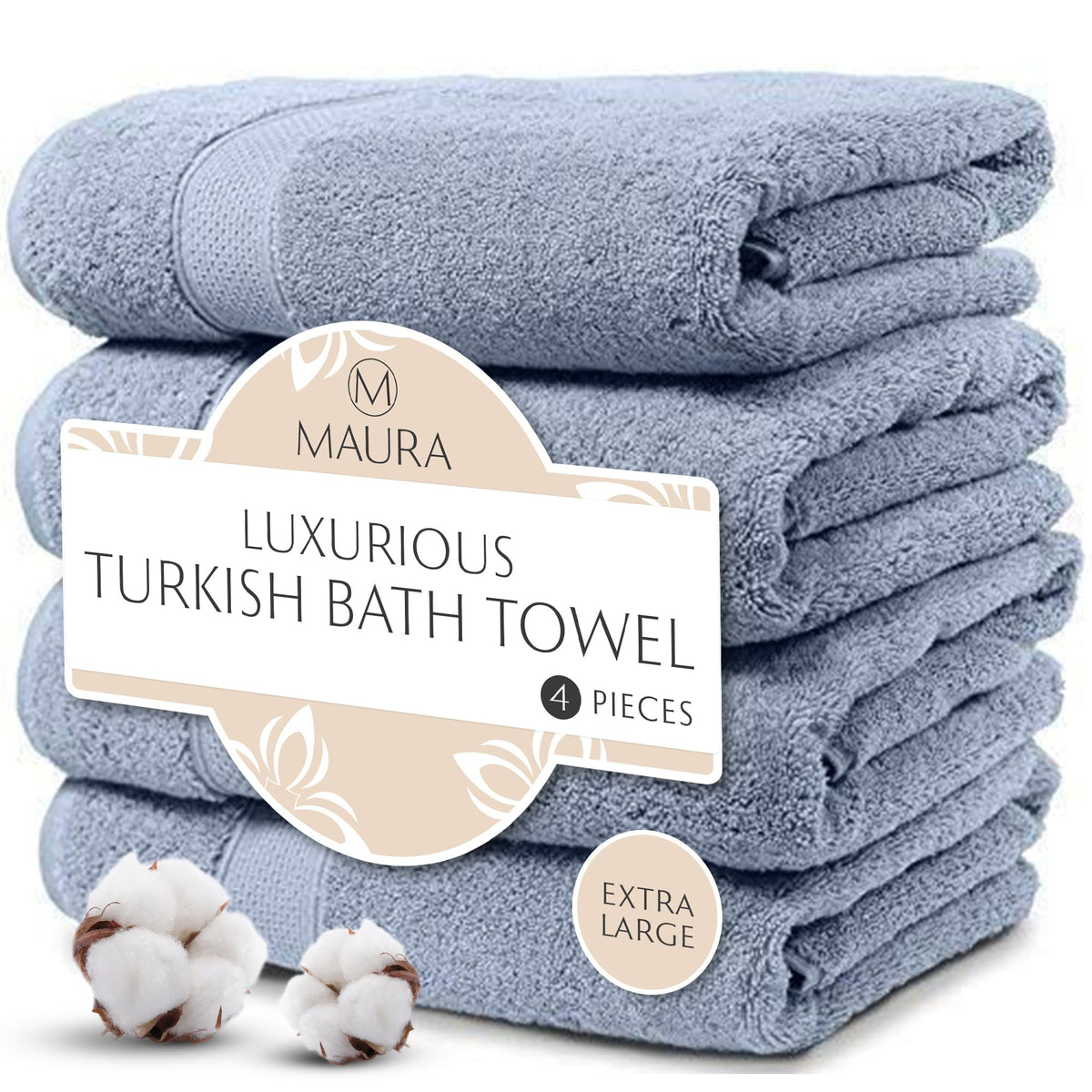 MAURA HOME 4 Piece Bath Towel Set. Extra Large Premium Turkish Towels. Thick, Soft, Plush and Highly Absorbent Luxury Hotel & Spa Quality Towels Serenity Blue