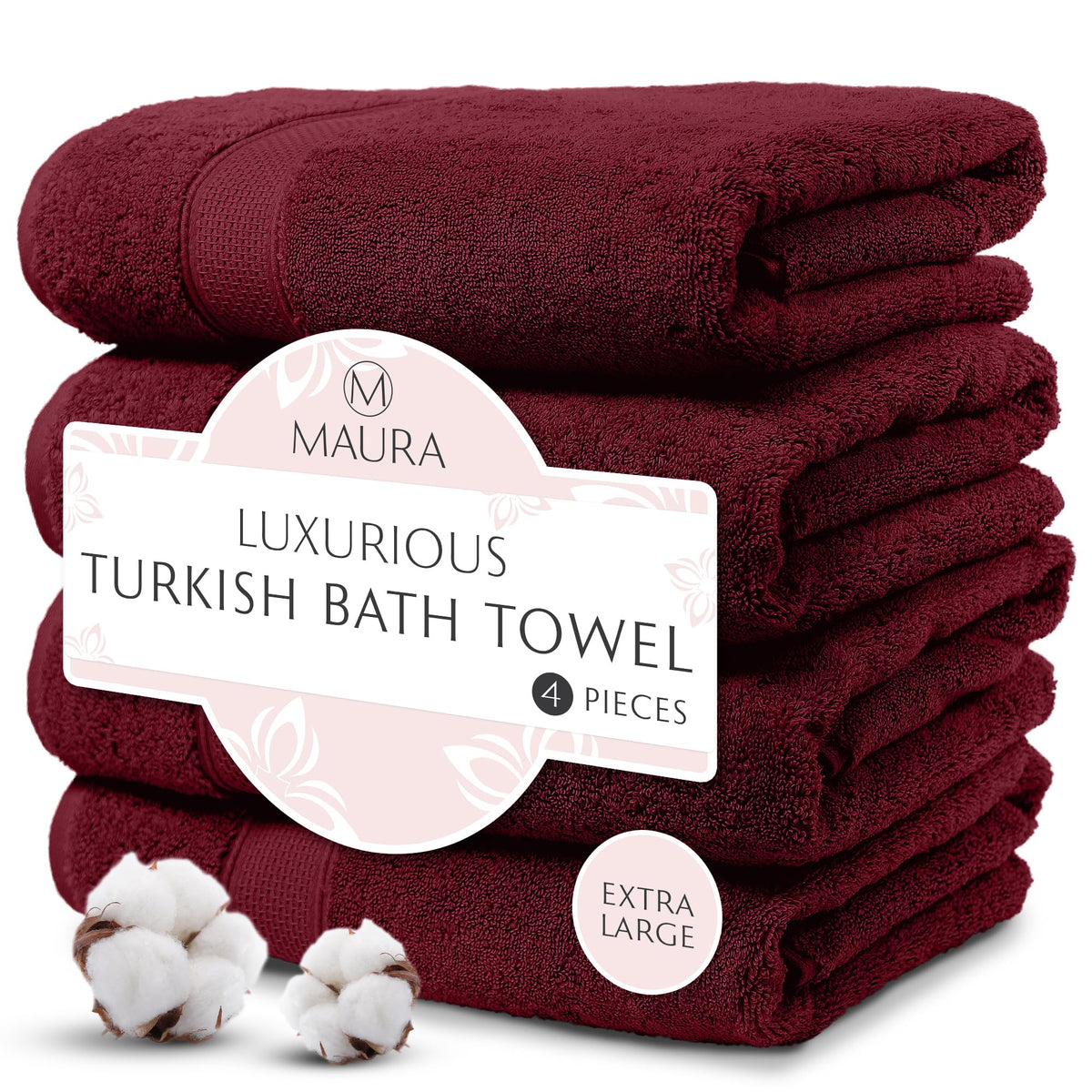 MAURA HOME 4 Piece Bath Towel Set. Extra Large Premium Turkish Towels. Thick, Soft, Plush and Highly Absorbent Luxury Hotel & Spa Quality Towels Burgundy