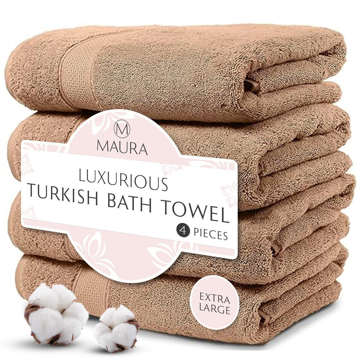 MAURA HOME 4 Piece Bath Towel Set. Extra Large Premium Turkish Towels. Thick, Soft, Plush and Highly Absorbent Luxury Hotel & Spa Quality Towels Sand